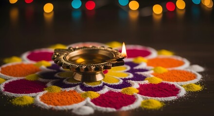 A lit diya lamp sits atop a colorful rangoli design, with blurred bokeh lights in the background.
