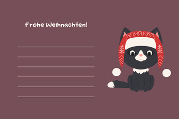 Cute Christmas Black Cat With Red Winter Hat, German Frohe Weihnachten Postcard Greeting Card Illustration