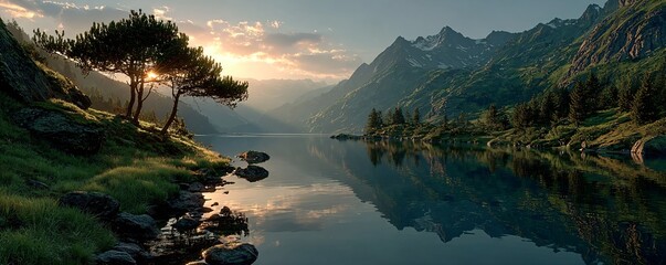 romantic summer landscape with river and mountains