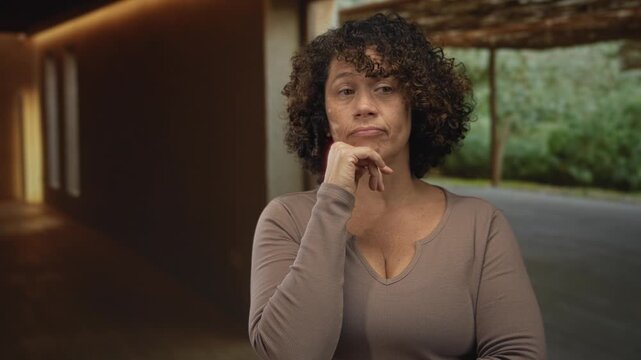 Middle aged woman resting her chin on her hand inside an empty studio room with concrete floor and soft window light; contemplation.