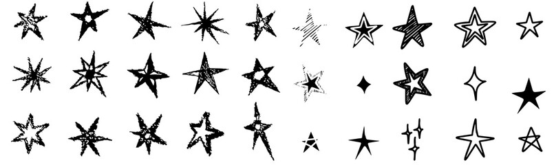 Black crayon hand drawn stars set. Childish doodled sparks and sparkles collection. Grunge rough...