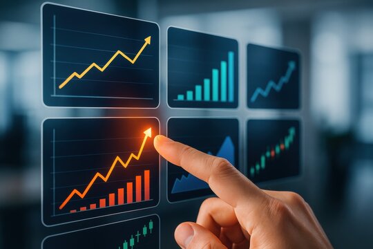 Business Professional Analyzing Data Trends and Insights on Interactive Digital Displays in Modern Office
