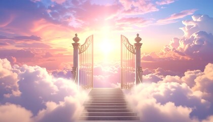 A heavenly scene depicting golden gates opening into bright sunlight, above fluffy clouds, creating a spiritual vibe