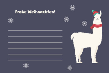 Cute White Christmas Llama With Red Scarf And Winter Hat, German Frohe Weihnachten Postcard Greeting Card Illustration