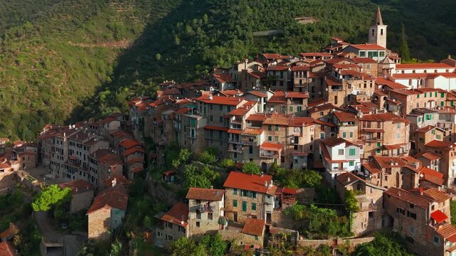 Aerial view of the picturesque hilltop town of Apricale, Liguria, Northern Italy