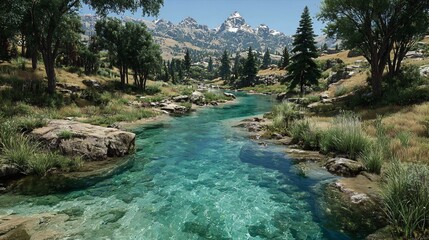 romantic summer landscape with river and mountains
