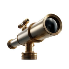 A detailed studio shot showcases a gleaming brass telescope against a stark black backdrop, isolated on white background