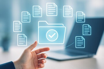 Hand Reaching Towards Digital Folder Icon with Checkmark and Floating Documents in Modern Office Environment
