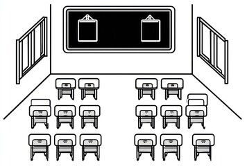 A line drawing of an empty classroom with rows of desks, windows, and a blackboard