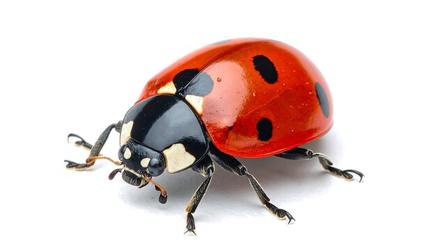 Vibrant close-up of a ladybug on a clean white background. The insect's red shell is dotted with black spots. Detailed shot shows its body