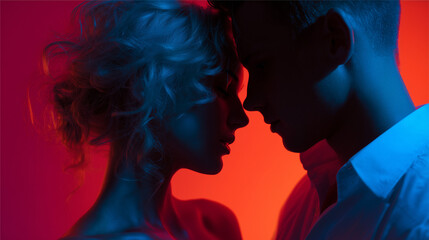 Intimate couple sharing a tender moment with dramatic blue and red lighting creating a passionate, romantic atmosphere for lifestyle and romance content