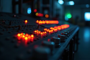 closeup of complex control panel with glowing red indicator lights and knobs. dark, cinematic industrial setting with blue hue. technology, science, and industry concept.
