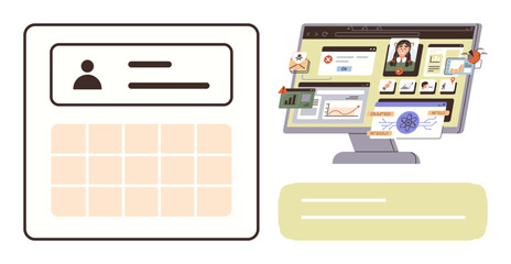 User profile card next to a computer screen displaying a dashboard with charts, tasks, and analysis tools. Ideal for productivity, project management, scheduling, teamwork, remote work, data