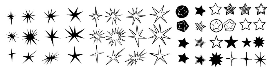 Black crayon hand drawn stars set. Childish doodled sparks and sparkles collection. Grunge rough brush stroke shine element pack for collage, poster, sticker. Kid sketched wax pencil symbols.
