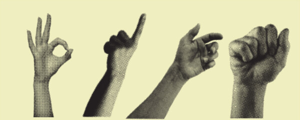 Collection of human hand gestures showing OK sign, pointing finger, and fist on neutral background for communication concept