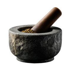Close-up of a rustic stone mortar and wooden pestle, clip art illustration