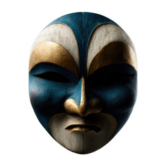 Close-up of a striking wooden mask featuring blue, flat icon style