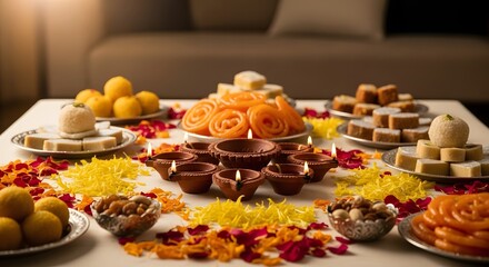 Festive Diwali arrangement with sweets, diyas, and flower petals on a table in a home setting.