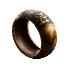 Close-up shot of an intricate hand-carved wooden bangle, on a transparent background