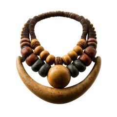 Close-up studio shot of a handcrafted ethnic necklace made of natural materials, isolated on white background