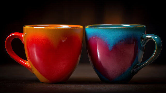 Two vibrant ceramic mugs with heart designs, perfect for cozy moments and expressing love, ideal for cafes and home decor