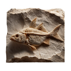 Detailed image of a fossilized fish skeleton embedded in sedimentary rock, isolated on white background