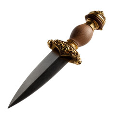 Detailed shot of a decorative dagger with a wooden handle, isolated on white background