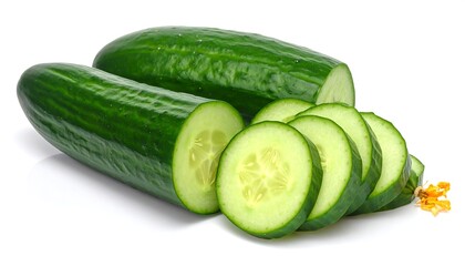 A detailed studio shot reveals a fresh cucumber, showcasing vibrant green skin and juicy, edible flesh. Sliced cucumbers and whole cucumbers. White background