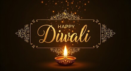 Festive Diwali greeting with a lit diya lamp, ornate frame, and sparkling lights on a dark background.