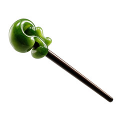 Elegant green jade hairpin with swirling design and polished wooden stick, isolated on white background