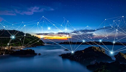 A digital overlay of connected lines illuminates a coastal landscape at twilight, over dark water and a rocky shoreline with a vibrant sunset