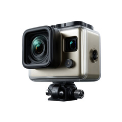 Studio shot of a modern action camera enclosed in a transparent waterproof case, flat icon style
