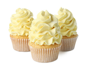 Delicious cupcakes with color cream isolated on white