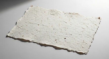 A single sheet of rough textured paper with irregular edges on a white surface in soft lighting