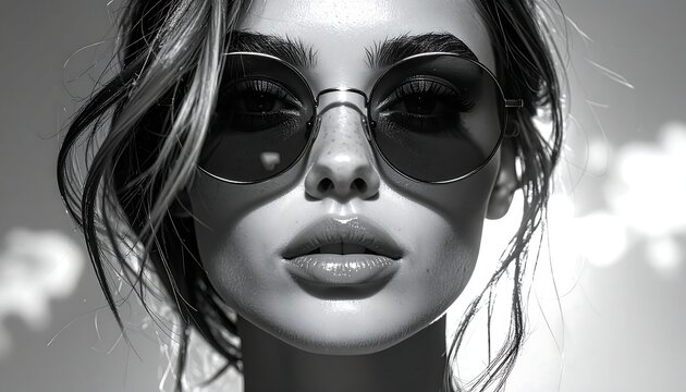 A glamorous portrait, grayscale, focusing on a person's face framed by sunlight. Round sunglasses, emphasizing their full lips and hair