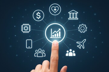 Fototapeta premium Hand Interacting with Growth Chart Icon Surrounded by Business and Technology Symbols on Dark Background