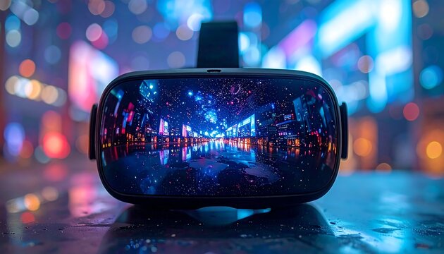 Virtual Reality Headset Reflecting a Cityscape - Immersive Digital Experience. - Powered by Adobe