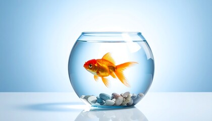 A goldfish swims serenely inside a glass bowl, a few pebbles at the base, set against a gradient blue background