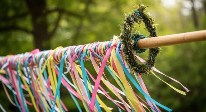 Maypole with colorful ribbons and floral wreath in a forest during daytime