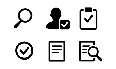 Inspection icons set: magnifying glass, checkmark, and clipboard for quality assurance