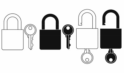 Vector illustration of padlock and key icon set in outline silhouette, showing locked and unlocked states. Security, safety, access control design. 