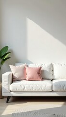 Fototapeta premium Bright white space, plush sofa, scattered pillows , cozy, sofa