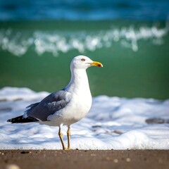 Obraz premium Close-up of a seagull standing on a beach, waves behind it