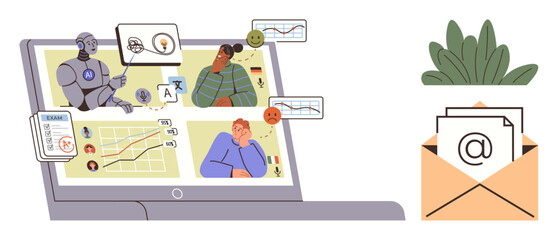 Robot assessing data trends and human emotions on a laptop, plant in background, mail icon. Ideal for AI, technology, data analysis, communication, automation workspace futuristic design. A simple