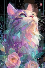 Whimsical Cat Portrait: Vibrant Fur and Blue Green Eyes in Dreamy Floral Background with Abstract Patterns