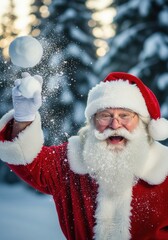 Jolly Santa Claus Enjoying Snowball Fight in Winter Wonderland Setting