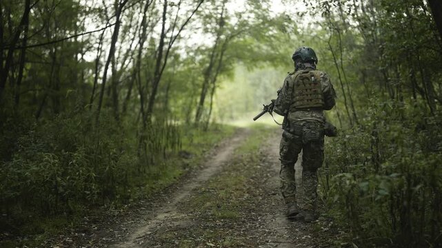 Camouflaged army soldier with AR15 carbine on a mission. Carefully sneaking through a thick green forest then pausing to take aim