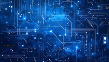 A luminous, intricate digital schematic of a complex network. It showcases interconnected lines and glowing nodes, immersed in blue light