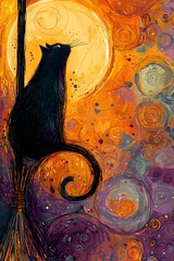 Whimsical Art of Enchanting Black Cat on Witch's Broom Under Full Moon - Vibrant Colors and Abstract Swirls in Magical Night Fantasy Illustration for Halloween