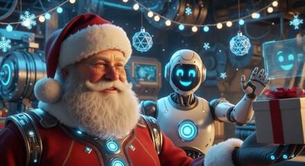 Cheerful Santa Claus with Robot Companion Celebrating Christmas Joy